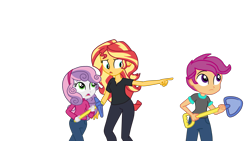 Size: 2944x1656 | Tagged: safe, artist:gmaplay, imported from derpibooru, scootaloo, sunset shimmer, sweetie belle, all the world's off stage, equestria girls, equestria girls series, spoiler:eqg series (season 2), spoiler:eqg specials, director shimmer, pickaxe, school play, shovel, simple background, solo, transparent background