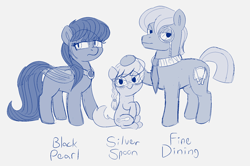 Size: 1844x1222 | Tagged: safe, artist:heretichesh, imported from derpibooru, silver spoon, oc, oc:black pearl, oc:fine dining, bat pony, earth pony, pony, family, father and child, father and daughter, female, glasses, happy, headcanon, male, monochrome, monocle, mother and child, mother and daughter, necktie, sketch, smiling, stern, text, wings