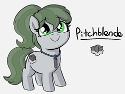 Size: 936x699 | Tagged: safe, artist:heretichesh, imported from derpibooru, oc, oc only, oc:pitchblende, earth pony, pony, ore, rock, smiling, solo, text, uranium, uranium rod
