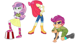 Size: 4800x2700 | Tagged: safe, artist:gmaplay, imported from derpibooru, apple bloom, scootaloo, sweetie belle, eqg summertime shorts, equestria girls, the canterlot movie club, spoiler:eqg specials, badass, boots, cutie mark crusaders, shoes, simple background, solo, transparent background