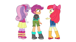 Size: 2560x1440 | Tagged: safe, alternate version, artist:gmaplay, imported from derpibooru, apple bloom, scootaloo, sweetie belle, equestria girls, spoiler:eqg specials, ass, bloom butt, boots, butt, rear view, scootabutt, shoes, simple background, solo, transparent background