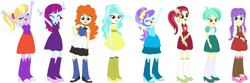 Size: 1687x560 | Tagged: safe, artist:sturk-fontaine, imported from derpibooru, aqua blossom, cloudy kicks, golden hazel, mystery mint, paisley, rose heart, starlight, starshine, tennis match, equestria girls, background human, base used, bases used, clothes, dress, fall formal outfits, simple background, white background