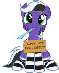 Size: 1683x2085 | Tagged: safe, artist:lightning stripe, derpibooru exclusive, imported from derpibooru, oc, oc only, oc:lightning stripe, earth pony, pony, black and white mane, clothes, cute, eyelashes, female, front view, green eyes, happy birthday mlp:fim, looking at you, mare, mlp fim's tenth anniversary, ocbetes, onomatopoeia, party horn, puffy cheeks, show accurate, sign, simple background, sitting, socks, solo, striped socks, stripes, text, transparent background, two toned mane, two toned tail, vector