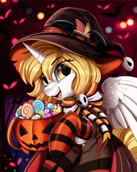 Size: 2550x3209 | Tagged: safe, artist:pridark, imported from derpibooru, part of a set, oc, oc only, oc:kirarane, alicorn, pony, alicorn oc, candy, clothes, commission, female, food, halloween, hat, high res, holiday, horn, jack-o-lantern, mare, open mouth, pumpkin, socks, solo, striped socks, wings, witch hat, ych result