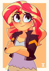 Size: 2827x4100 | Tagged: safe, artist:t-whiskers, imported from derpibooru, sunset shimmer, equestria girls, clothes, crossed arms, female, high res, jacket, orange background, simple background, smiling, solo