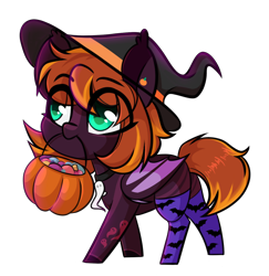 Size: 1280x1315 | Tagged: safe, artist:cloud-fly, imported from derpibooru, oc, oc only, oc:hallow's eve, bat pony, pony, chibi, clothes, female, hat, mare, mouth hold, pumpkin bucket, simple background, socks, solo, transparent background, witch hat