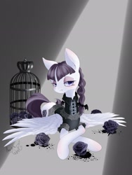 Size: 1536x2048 | Tagged: safe, artist:psaxophone, imported from derpibooru, inky rose, pegasus, pony, bird cage, black rose, braid, clothes, female, flower, goth, mare, rose, solo