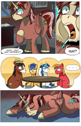 Size: 2036x3148 | Tagged: safe, artist:candyclumsy, imported from derpibooru, big macintosh, flash sentry, shining armor, trouble shoes, oc, oc:king speedy hooves, alicorn, clydesdale, earth pony, pegasus, pony, unicorn, comic:the birth of speedy hooves, butt, comic, commissioner:bigonionbean, confused, confusion, cutie mark, dialogue, exhausted, flank, flashback, fusion, fusion:big macintosh, fusion:flash sentry, fusion:king speedy hooves, fusion:shining armor, fusion:trouble shoes, male, passed out, plot, shocked, sleeping, stallion, surprised, table, thought bubble, thoughts, unshorn fetlocks, writer:bigonionbean