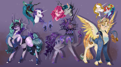 Size: 1565x873 | Tagged: safe, artist:bunnari, imported from derpibooru, pinkie pie, prince blueblood, queen chrysalis, rainbow dash, rarity, stygian, oc, changepony, hybrid, pony, unicorn, crack shipping, offspring, parent:pinkie pie, parent:prince blueblood, parent:queen chrysalis, parent:rainbow dash, parent:rarity, parent:stygian, parents:bluedash, parents:chrysarity, parents:rarilis, shipping