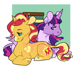 Size: 941x849 | Tagged: safe, artist:rattastics, imported from derpibooru, sunset shimmer, twilight sparkle, alicorn, pony, unicorn, book, female, lesbian, lying down, mare, prone, shipping, simple background, sunsetsparkle, transparent background, twilight sparkle (alicorn)