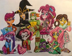 Size: 1024x796 | Tagged: safe, artist:bozzerkazooers, imported from derpibooru, clover (g1), fluttershy, pinkie pie, scootaloo, smolder, spike, sweetheart, yona, dog, human, equestria girls, hat, humanized, michelangelo, shinigami, spike the dog, traditional art, witch hat