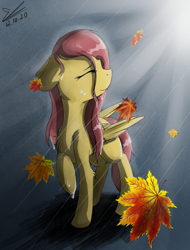 Size: 1021x1343 | Tagged: safe, artist:yuris, imported from derpibooru, fluttershy, pegasus, pony, butt, chest fluff, crepuscular rays, elbow fluff, eyes closed, female, floppy ears, folded wings, head turn, leaves, leaves in hair, mare, plot, profile, rain, raised hoof, smiley face, smiling, solo, standing, stray strand, turned head, wet, wet mane, wings