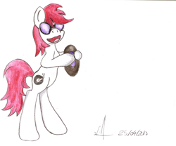 Size: 2540x2111 | Tagged: safe, artist:almaustral, imported from derpibooru, oc, oc only, earth pony, pony, :d, bipedal, disc, earth pony oc, hoof hold, open mouth, signature, smiling, solo, sunglasses, traditional art