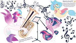 Size: 1024x576 | Tagged: safe, artist:gerrys117, imported from derpibooru, princess skystar, queen novo, twilight sparkle, alicorn, my little pony: the movie, music, music notes, musical instrument, simple background, tuba, twilight sparkle (alicorn), white background