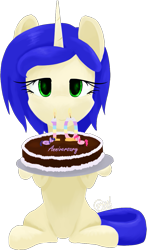 Size: 813x1380 | Tagged: safe, artist:alicorn-without-horn, imported from derpibooru, pinkie pie, twilight sparkle, oc, oc:crystal reverie, alicorn, earth pony, pony, unicorn, cake, candle, food, happy birthday mlp:fim, mlp fim's tenth anniversary, simple background, sitting, stick pony, transparent background