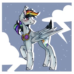 Size: 1000x1000 | Tagged: safe, artist:general-honeybee, imported from derpibooru, rainbow dash, pegasus, pony, spoiler:g5, coat markings, female, g5, g5 concept leak style, g5 concept leaks, goggles, hooves, looking back, mare, rainbow dash (g5 concept leak), rainbow dash (g5), raised hoof, redesign, simple background, solo, spread wings, wings