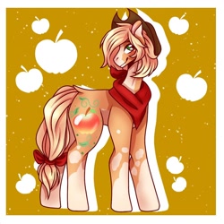 Size: 1000x1000 | Tagged: safe, artist:general-honeybee, imported from derpibooru, applejack, earth pony, pony, spoiler:g5, applejack (g5 concept leak), applejack (g5), bow, clothes, coat markings, female, g5, g5 concept leak style, g5 concept leaks, hat, mare, redesign, scarf, simple background, solo