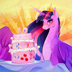 Size: 1500x1500 | Tagged: safe, artist:pumpkabooo, imported from derpibooru, twilight sparkle, alicorn, pony, the last problem, blushing, cake, crown, crying, cutie mark, female, food, goddess, halo, happy birthday mlp:fim, jewelry, mare, mlp fim's tenth anniversary, older, older twilight, princess twilight 2.0, regalia, smiling, solo, twilight sparkle (alicorn)