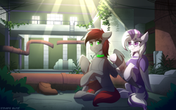 Size: 3432x2160 | Tagged: safe, artist:strafe blitz, imported from derpibooru, oc, oc only, pegasus, pony, bag, bandage, building, bush, collar, crepuscular rays, doctor, duo, green eyes, indoors, injured, inside, ladder, pipe, pipes, purple eyes, ruins, scenery, socks (coat marking)