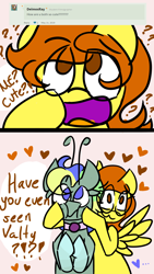 Size: 840x1494 | Tagged: safe, artist:raypanda, imported from derpibooru, oc, oc only, oc:blair darby, oc:valter nish, earth pony, pegasus, pony, ask, bust, cheek squish, collar, comic, earth pony oc, female, heart, male, mare, pegasus oc, siblings, squishy cheeks, stallion, wings