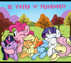 Size: 2536x2233 | Tagged: safe, artist:sjart117, imported from derpibooru, applejack, fluttershy, pinkie pie, rainbow dash, rarity, twilight sparkle, earth pony, pegasus, pony, unicorn, anniversary, autumn, eyes closed, female, freckles, grass, happy birthday mlp:fim, hill, hug, leaf, mane six, mare, mlp fim's tenth anniversary, mountain, pony pile, sky, smiling, squishy cheeks, tree, underhoof