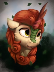 Size: 1000x1337 | Tagged: safe, artist:itssim, imported from derpibooru, autumn blaze, kirin, bust, female, leaves, looking up, mare, open mouth, smiling, solo