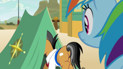Size: 1280x720 | Tagged: safe, imported from derpibooru, screencap, quibble pants, rainbow dash, earth pony, pony, common ground, butt, female, male, mare, plot, quibble butts, stallion, tent