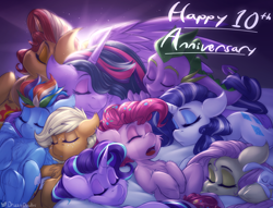 Size: 3500x2679 | Tagged: safe, artist:drizziedoodles, imported from derpibooru, angel bunny, applejack, fluttershy, pinkie pie, rainbow dash, rarity, spike, starlight glimmer, sunset shimmer, twilight sparkle, alicorn, dragon, earth pony, pegasus, pony, rabbit, unicorn, equestria girls, the last problem, animal, cheek fluff, chest fluff, cuddle puddle, cuddling, eyes closed, female, frog (hoof), gigachad spike, happy birthday mlp:fim, high res, hoof fluff, male, mane seven, mane six, mare, mlp fim's tenth anniversary, older, older applejack, older fluttershy, older mane seven, older mane six, older pinkie pie, older rainbow dash, older rarity, older spike, older starlight glimmer, older sunset, older twilight, pony pile, princess twilight 2.0, sleeping, straight, twilight sparkle (alicorn), underhoof