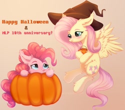 Size: 1778x1558 | Tagged: safe, artist:astralblues, imported from derpibooru, fluttershy, pinkie pie, earth pony, pegasus, pony, chest fluff, cute, ear fluff, fangs, female, fluffy, flutterpie, flying, hair, halloween, happy birthday mlp:fim, hat, holiday, leg fluff, lesbian, looking up, mane, mlp fim's tenth anniversary, mlp10thanniversary, pumpkin, shipping, shy, tail, teeth