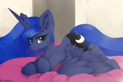 Size: 4096x2731 | Tagged: safe, artist:thesas110, imported from derpibooru, princess luna, alicorn, pony, big ears, chest fluff, crossed hooves, ear fluff, female, high res, horn, looking at you, lying down, mare, prone, solo, wings