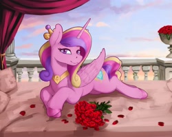 Size: 3280x2610 | Tagged: safe, artist:dukevonkessel, imported from derpibooru, princess cadance, alicorn, pony, bed, curtains, female, flower, horn, jewelry, looking at you, mare, peytral, reclining, rose, sky, solo, tiara, wings