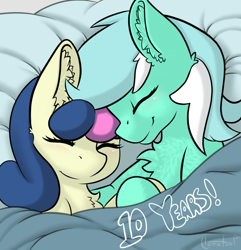 Size: 990x1028 | Tagged: safe, artist:llametsul, imported from derpibooru, bon bon, lyra heartstrings, sweetie drops, earth pony, pony, unicorn, bed, blushing, chest fluff, couple, cuddling, ear fluff, eyes closed, female, happy birthday mlp:fim, holding hooves, lesbian, lyrabon, mlp fim's tenth anniversary, shipping, signature, smiling, snuggling