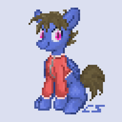 Size: 1344x1344 | Tagged: safe, artist:roachtoon, imported from derpibooru, oc, oc only, oc:cobolt sky, oc:roachtoon, pegasus, pony, clothes, cobolt sky, colored pupils, folded wings, jacket, looking at you, male, pixel art, pixelated, simple background, sitting, smiling, solo, solo male, varsity jacket, white background, wings