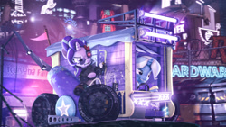 Size: 3840x2160 | Tagged: safe, artist:calveen, imported from derpibooru, neon lights, rising star, starlight glimmer, trixie, cyborg, pony, 3d, alternate hairstyle, babysitter trixie, badass, building, cannon, car, clothes, cyberpunk, driving, dumpster, fence, flag, happy birthday mlp:fim, helicopter, high res, hoodie, hoof hold, neon, p90, police, revamped ponies, source filmmaker, trixie's wagon, weapon