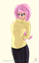 Size: 1200x1920 | Tagged: safe, artist:cherrymocaccino, artist:zuko42, imported from derpibooru, fluttershy, human, art pack:music album 'e.g.8 themes', equestria girls, adorasexy, arm behind back, blushing, breasts, busty fluttershy, clothes, cute, eyeshadow, female, humanized, makeup, pants, sexy, shyabetes, signature, simple background, solo, yellow background