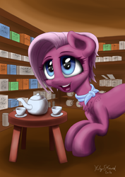 Size: 2480x3508 | Tagged: safe, artist:itchystomach, imported from derpibooru, jasmine leaf, earth pony, pony, cup, digital art, food, shelf, signature, solo, table, tea, tea shop, teacup, teashop pony