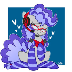 Size: 2048x2048 | Tagged: safe, artist:wutani, imported from derpibooru, oc, oc only, oc:cinnabyte, pony, adorkable, bandana, cinnabetes, clothes, commission, cute, dork, gaming headset, glasses, headphones, headset, smiling, socks, solo, striped socks, ych result, your character here