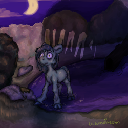 Size: 2048x2048 | Tagged: safe, artist:lilsunshinesam, imported from derpibooru, oc, oc only, oc:fisheyes, earth pony, kelpie, pony, cloud, cloven hooves, crescent moon, dripping, male, moon, night, shadow, solo, stallion, water, wet