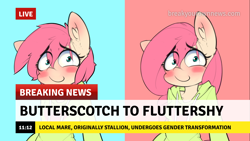 Size: 1280x720 | Tagged: safe, artist:hoodie, edit, imported from derpibooru, fluttershy, semi-anthro, bipedal, blushing, break your own news, breaking news, butterscotch, clothes, female, femboy, heart, hoodie, male, male to female, meme, rule 63, rule 63'd rule 63, self ponidox, solo, transformation, transgender, transgender transformation