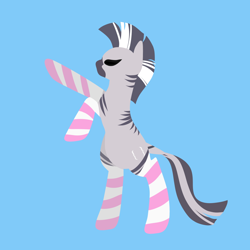 Size: 1200x1200 | Tagged: safe, artist:lebalisa, imported from derpibooru, oc, oc only, oc:zebra north, pony, zebra, blue background, clothes, femboy, male, rearing, simple background, socks, solo, stallion, striped socks, zebra oc