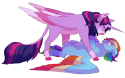 Size: 2400x1500 | Tagged: safe, artist:uunicornicc, imported from derpibooru, rainbow dash, twilight sparkle, alicorn, classical unicorn, pegasus, pony, :i, blushing, chest fluff, cloven hooves, colored wings, ear fluff, female, floppy ears, leonine tail, lesbian, lying down, multicolored wings, on back, pinned, pinned down, pinned ya, shipping, simple background, twidash, twilight sparkle (alicorn), unshorn fetlocks, white background, wings