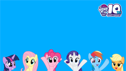 Size: 1920x1080 | Tagged: safe, artist:luckreza8, imported from derpibooru, applejack, fluttershy, pinkie pie, rainbow dash, rarity, twilight sparkle, 10, 1920x1080, happy birthday mlp:fim, mane six, mlp fim's tenth anniversary, needs more saturation, vector, wallpaper