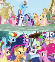 Size: 1280x1440 | Tagged: safe, artist:not-yet-a-brony, edit, edited screencap, imported from derpibooru, screencap, applejack, fluttershy, pinkie pie, rainbow dash, rarity, spike, twilight sparkle, alicorn, dragon, season 1, season 9, the last problem, spoiler:s09, anniversary, comparison, happy birthday mlp:fim, lyrics in the description, mane seven, mane six, mlp fim's tenth anniversary, older, older applejack, older fluttershy, older mane seven, older mane six, older pinkie pie, older rainbow dash, older rarity, older spike, older twilight, ponyville, the magic of friendship grows, then and now, twilight sparkle (alicorn), winged spike, wings, youtube link