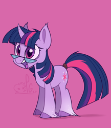 Size: 2000x2300 | Tagged: source needed, safe, artist:lilpinkghost, imported from derpibooru, twilight sparkle, pony, unicorn, cloven hooves, curved horn, cute, ear fluff, female, glasses, horn, mare, pink background, simple background, solo, tail wrap, twiabetes, unicorn twilight, unshorn fetlocks