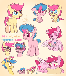 Size: 2000x2300 | Tagged: safe, artist:lilpinkghost, imported from derpibooru, oc, oc only, earth pony, pegasus, pony, babies, baby, colt, cute, family, female, filly, glasses, headphones, male, mare, mommy, pink, shy, simple background, smiling, solo, tiny, tiny ponies