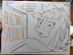 Size: 2048x1536 | Tagged: safe, artist:andypriceart, idw, imported from derpibooru, applejack, earth pony, pony, andy you magnificent bastard, blazing saddles, cowboy hat, female, hat, looking at you, mare, pencil drawing, solo, traditional art