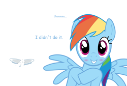 Size: 1600x1080 | Tagged: safe, artist:ursamanner, imported from derpibooru, rainbow dash, pegasus, pony, blatant lies, blushing, cute, dashabetes, dialogue, looking at you, plate, shards, simple background, smiling, smiling at you, solo, talking to viewer, white background