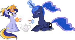 Size: 3368x1781 | Tagged: safe, artist:decprincess, imported from derpibooru, princess luna, oc, oc:night star, alicorn, unicorn, cup, cute, eyes closed, female, food, kneeling, magic, magic aura, mare, simple background, sitting, smiling, tea, teacup, teapot, transparent background, vector