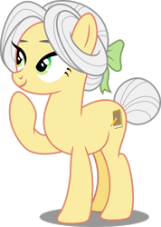 Size: 1920x2693 | Tagged: safe, artist:decprincess, imported from derpibooru, oc, oc only, oc:winter sunshine, earth pony, pony, bow, female, mare, raised hoof, simple background, smiling, solo, tail bun, transparent background, vector
