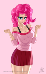 Size: 1200x1920 | Tagged: safe, artist:cherrymocaccino, artist:zuko42, imported from derpibooru, pinkie pie, human, art pack:music album 'e.g.8 themes', equestria girls, bra, breasts, busty pinkie pie, clothes, looking at you, pink background, signature, simple background, solo, underwear